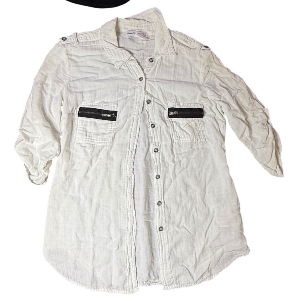 Splendid Button Down Shirt Tunic Top Roll Tab‎ Sleeve Pockets White Medium